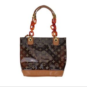 Bucket Bag Monogram Print Chain Link Shoulder Purse Amber Brown Vinyl
